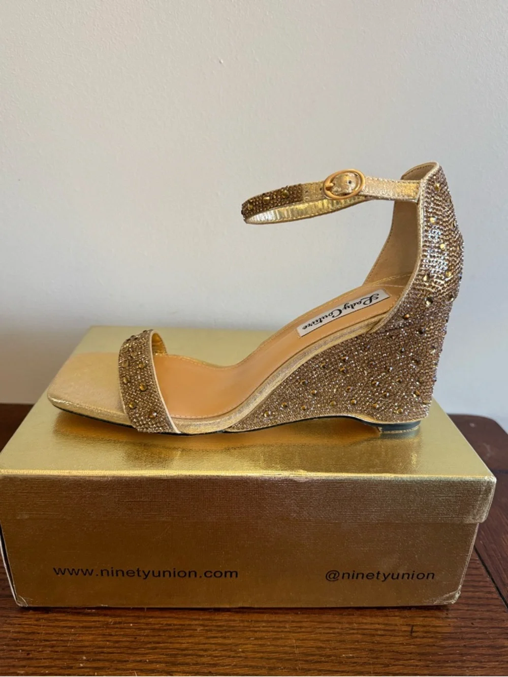 Lady Couture Kloe Gold Embellished‎ Wedge Sandal with Ankle Strap NEW